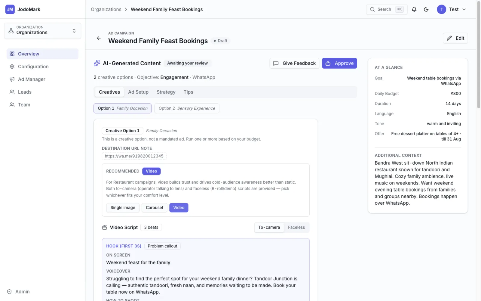 A Facebook ad campaign generated by JodoMark, ready to launch